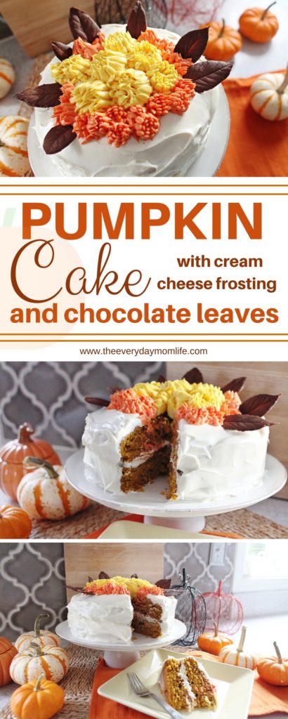 Pumpkin Cake with Cream Cheese Frosting & Chocolate Leaves - The Everyday Mom Life