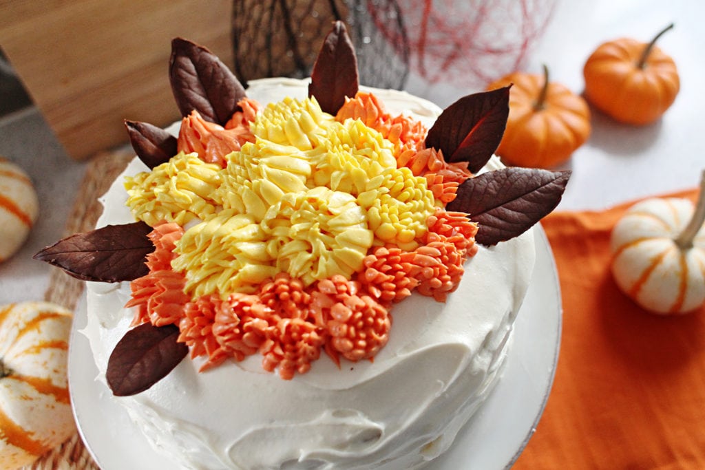 Pumpkin Cake with Cream Cheese Frosting & Chocolate Leaves - The Everyday Mom Life