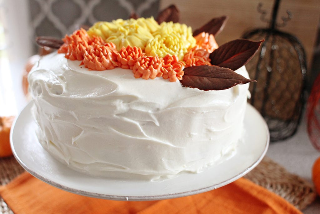 Pumpkin Cake with Cream Cheese Frosting & Chocolate Leaves - The Everyday Mom Life