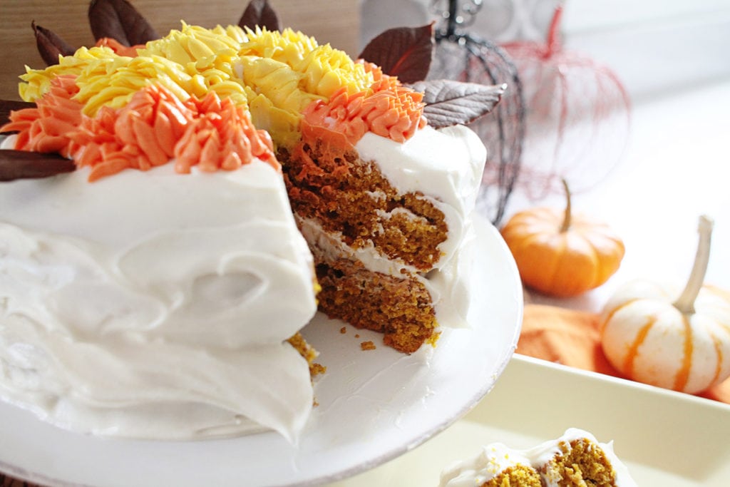 Pumpkin Cake with Cream Cheese Frosting & Chocolate Leaves - The Everyday Mom Life