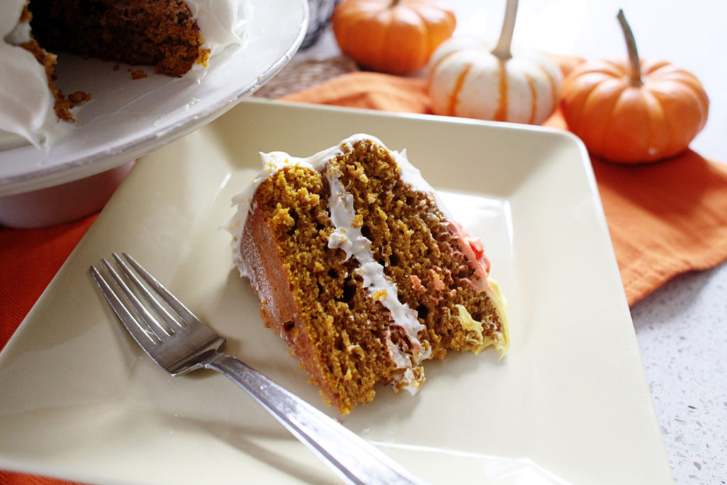 Pumpkin Cake with Cream Cheese Frosting & Chocolate Leaves - The Everyday Mom Life