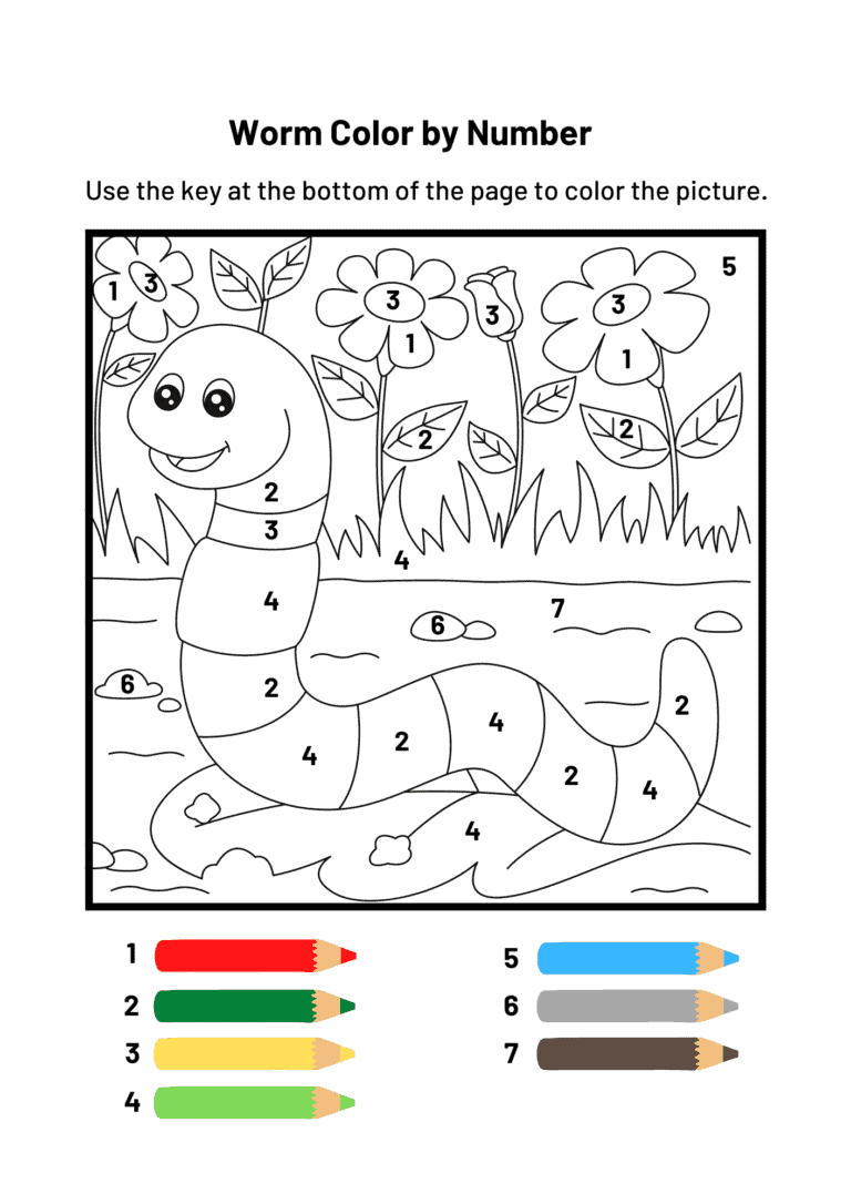 20 Free Printable Color by Number - Worm Color By Number 768x1086 