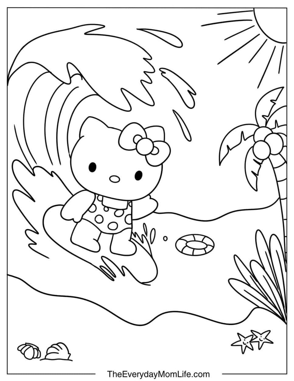 Beach Coloring Pages for Kids Free - Hello Kitty Surfing At The Beach